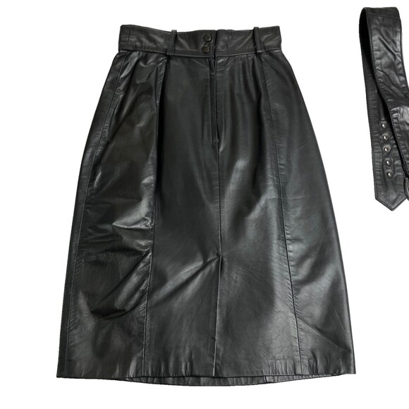 Vintage Laurice Leather Pencil Skirt Womens 5/6 Belted Midi 80s 90s Slit Back - Picture 2 of 16